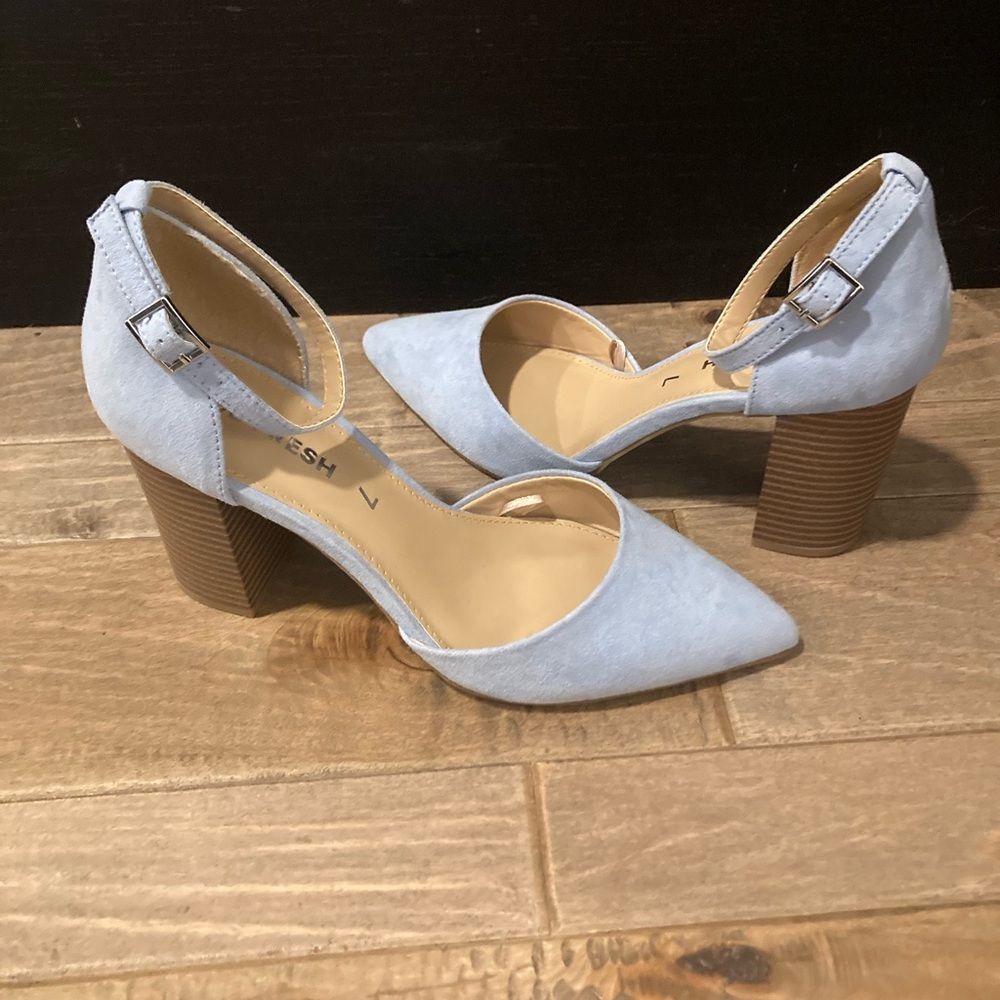 Joe Fresh Light Blue Suede Pointed Toe Block Heel Pumps with Ankle Strap
